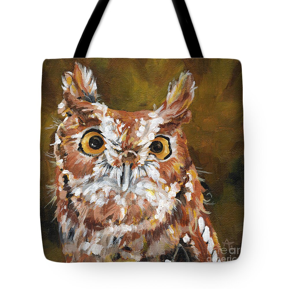 Owl Tote Bag featuring the painting Screech - Owl Painting by Annie Troe