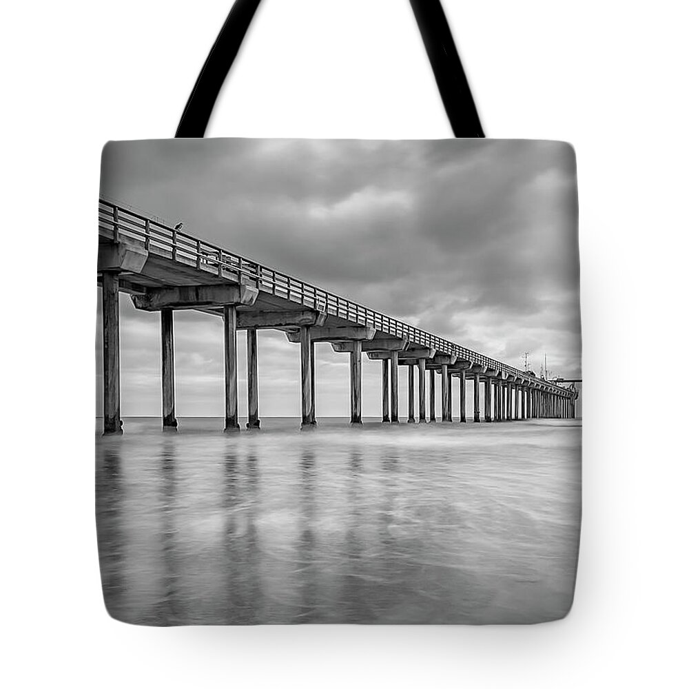 Gary Johnson Tote Bag featuring the photograph Scripps Pier in Black and White by Gary Johnson
