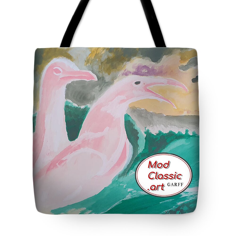 Seagulls Tote Bag featuring the painting Sea Gulls with Waves ModClassic Art by Enrico Garff