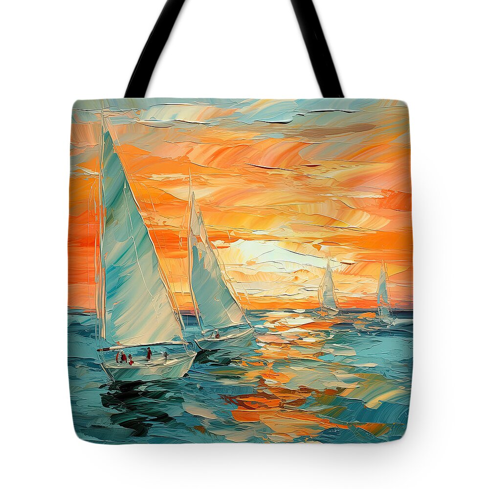 Turquoise And Orange Tote Bag featuring the painting Sea of Turquoise and Orange - Sailing Art - Orange and Turquoise Art - Sailboats Art by Lourry Legarde