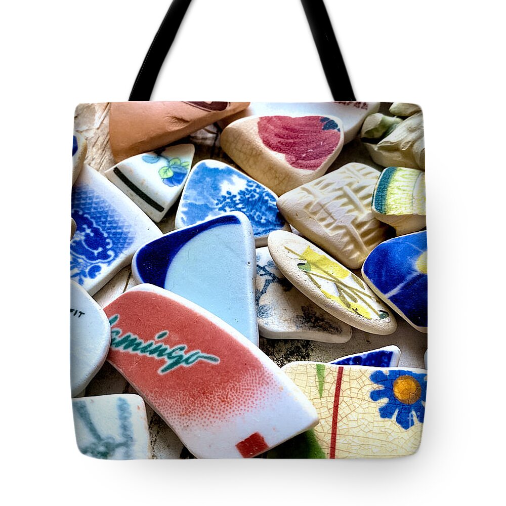 Sea Glass Pottery Tote Bag featuring the photograph Sea pottery by Janice Drew