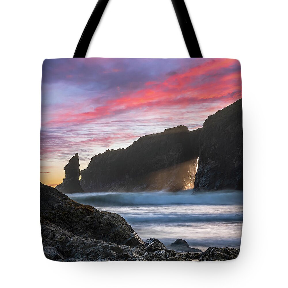 Sunset Tote Bag featuring the photograph Sea stack sunset in Olympic National Park by Robert Miller