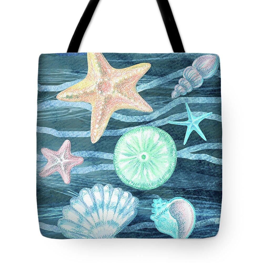 Beach Art Tote Bag featuring the painting Sea Stars And Shells On Blue Waves Watercolor Beach Art Collection III by Irina Sztukowski