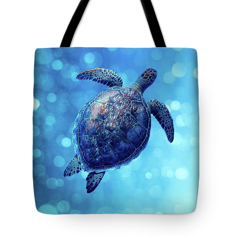 Animal Tote Bag featuring the photograph Sea Turtle Bubbly Blues by Laura Fasulo