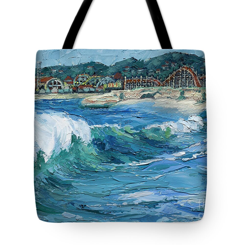 Impasto Tote Bag featuring the painting Seabright Surf, 2021 by PJ Kirk