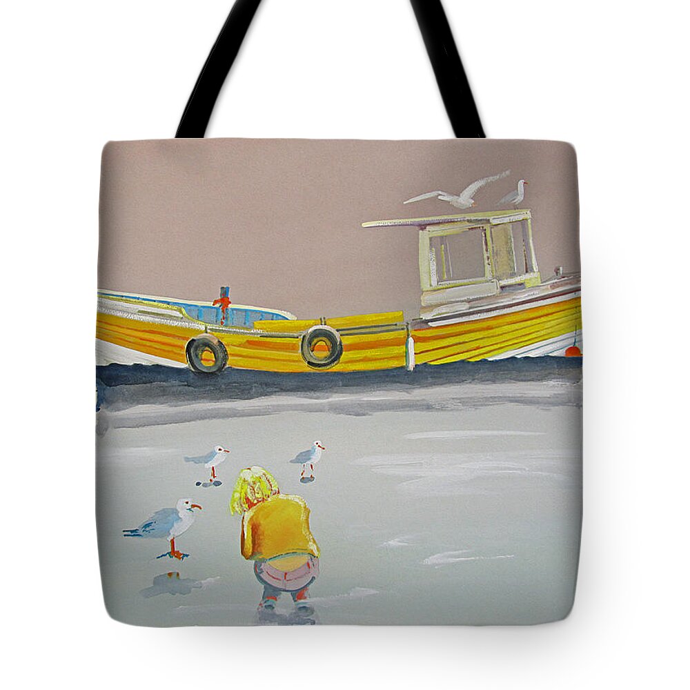 Fishing Boat Tote Bag featuring the painting Seagulls With Fishing Boat by Charles Stuart