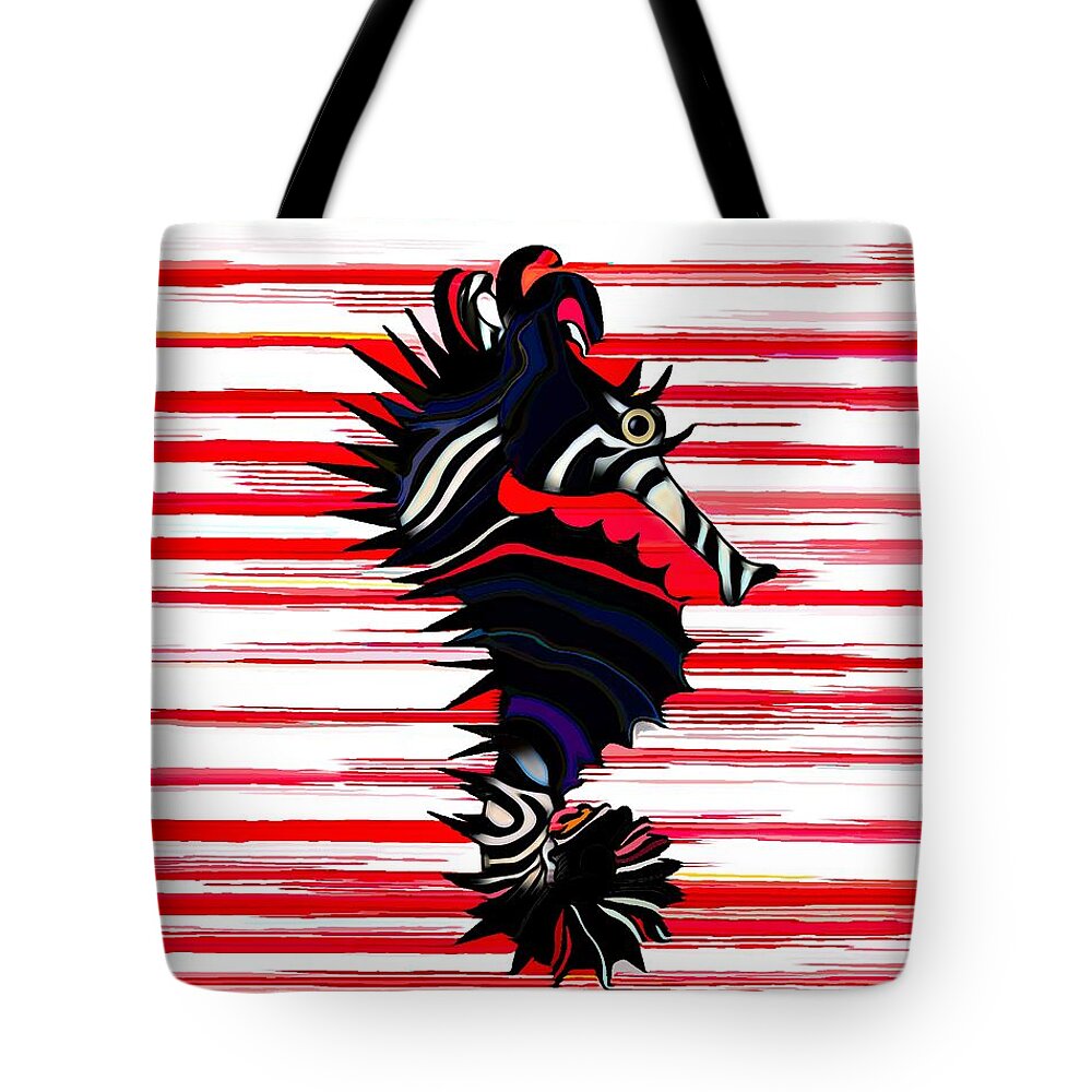 Black And White Tote Bag featuring the mixed media Seahorse SeaZebra Red Stripes by Joan Stratton