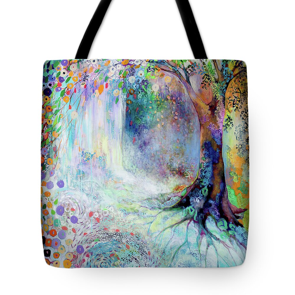 Waterfall Tote Bag featuring the painting Searching for Forgotten Paths III by Jennifer Lommers