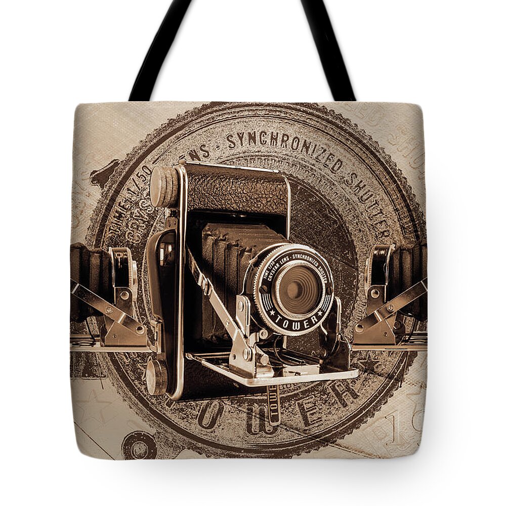 Kodak Tote Bag featuring the digital art Sears Roebuck Co. Tower Folding 120-620 - Sepia by Anthony Ellis