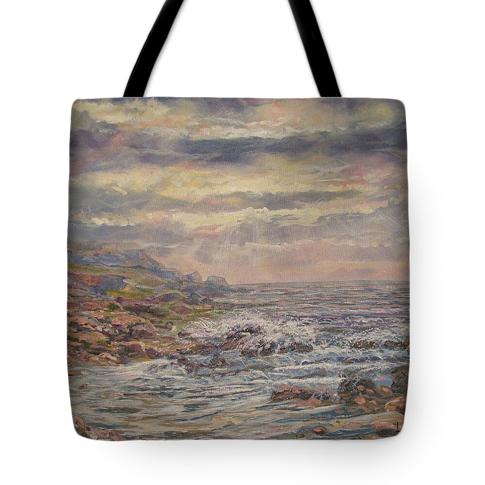 Landscape Tote Bag featuring the painting Seascape With Clouds. by Leonard Holland