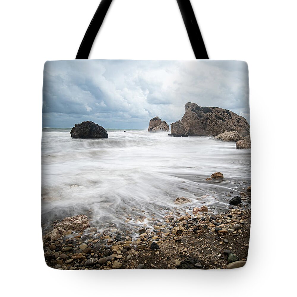 Sea Waves Tote Bag featuring the photograph Seascape with windy waves during stormy weather on a rocky coast by Michalakis Ppalis