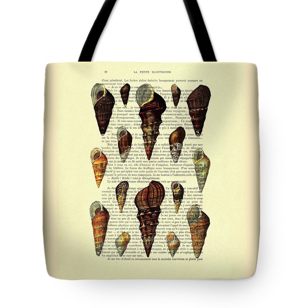 Sea Shell Tote Bag featuring the mixed media Seashell chart in color on French book page by Madame Memento
