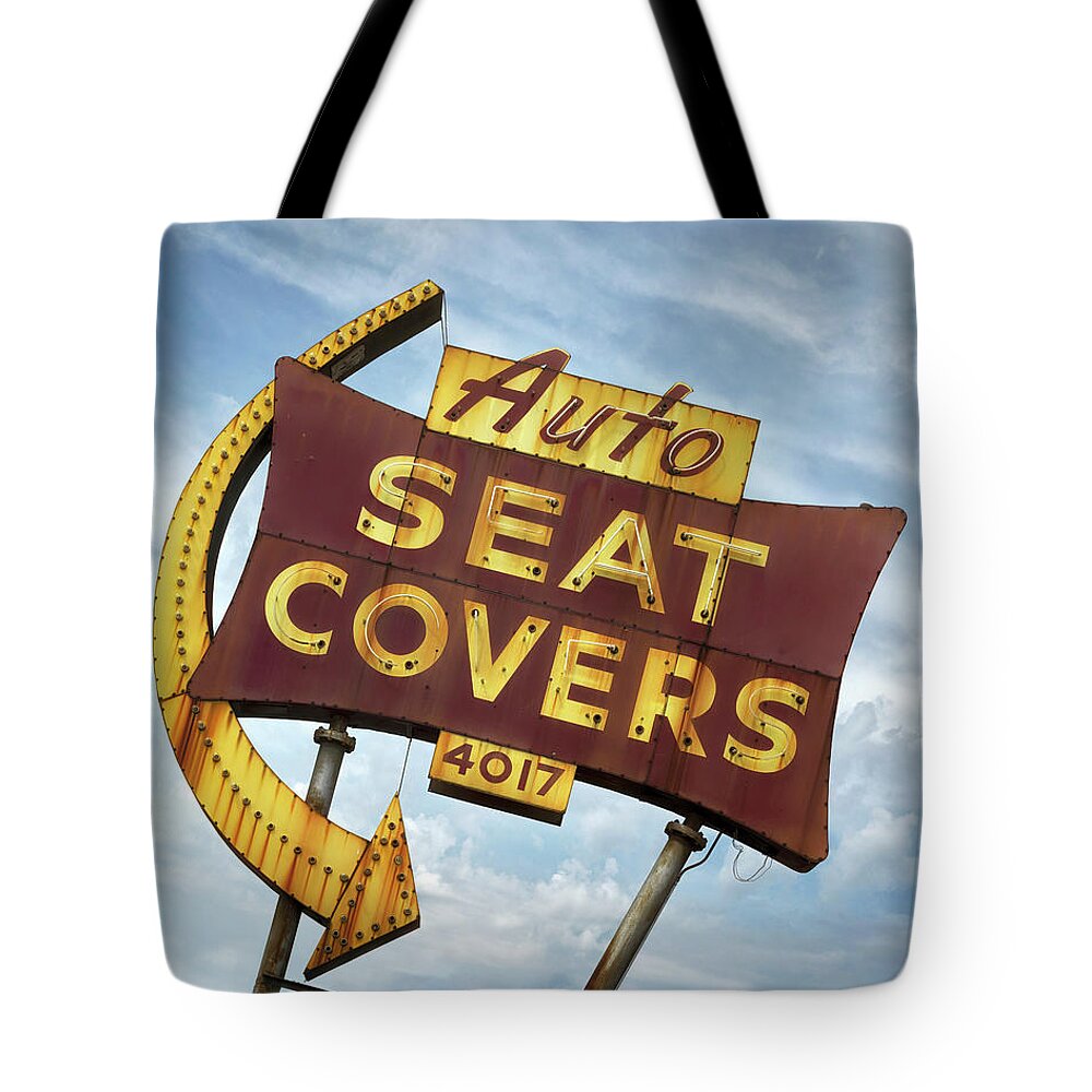 Route 66 Tote Bag featuring the photograph Seat Covers Neon Sign - Route 66 - St Louis by Susan Rissi Tregoning