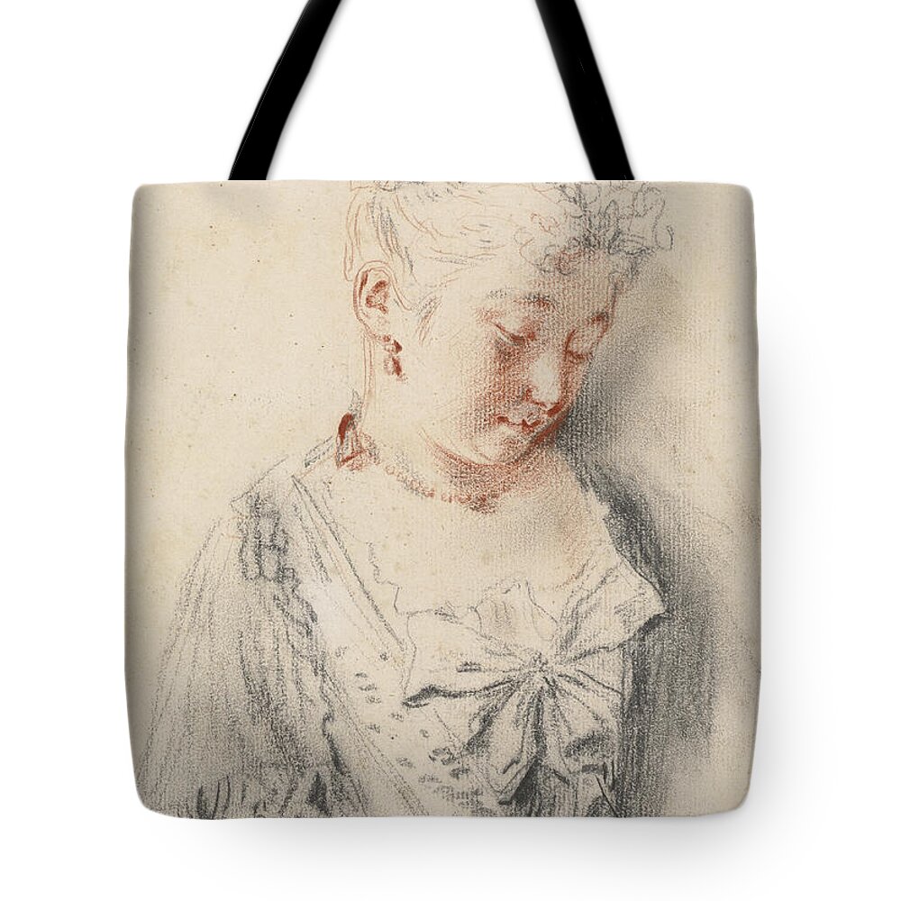 Antoine Watteau Tote Bag featuring the drawing Seated Woman Looking Down #1 by Antoine Watteau
