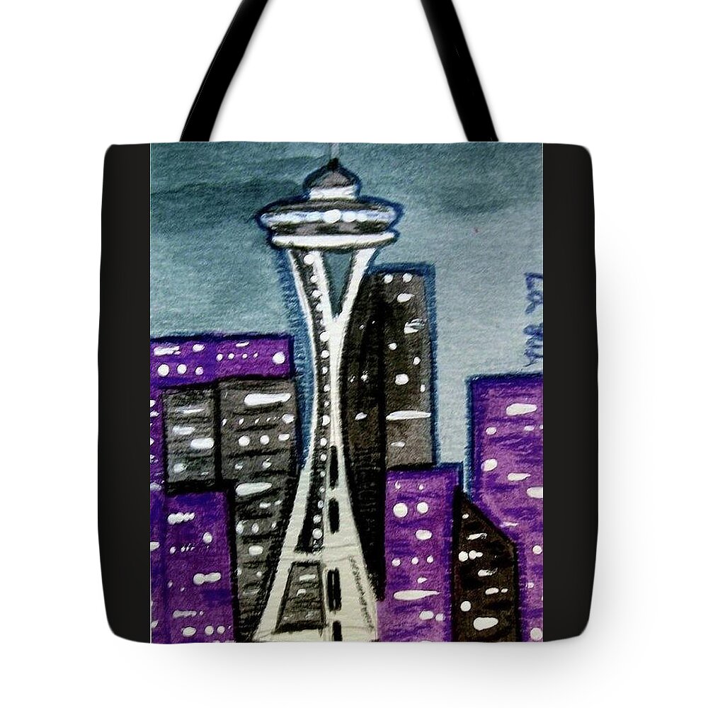 Space Needle Tote Bag featuring the painting Seattle Space Needle Cityscape by Monica Resinger