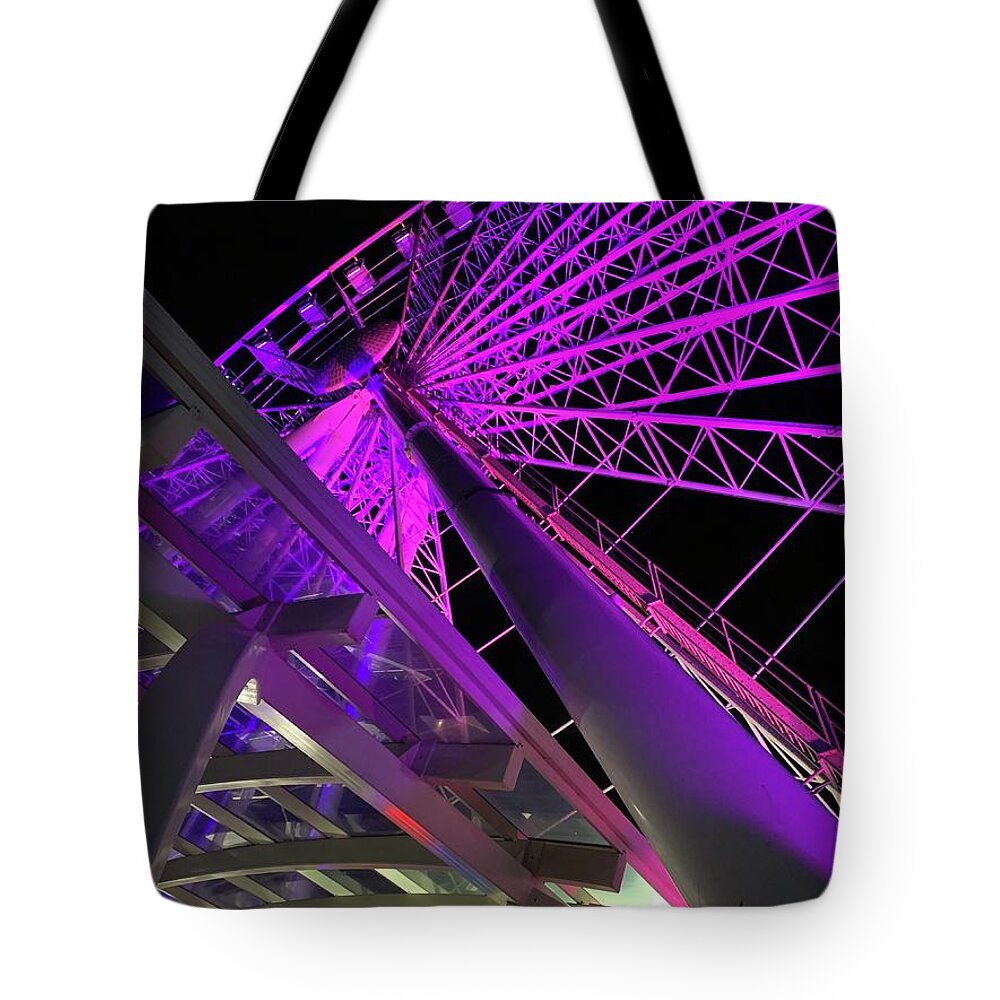 Seattle Tote Bag featuring the mixed media Seattle Wheel - Spokes in purple by Brenna Woods