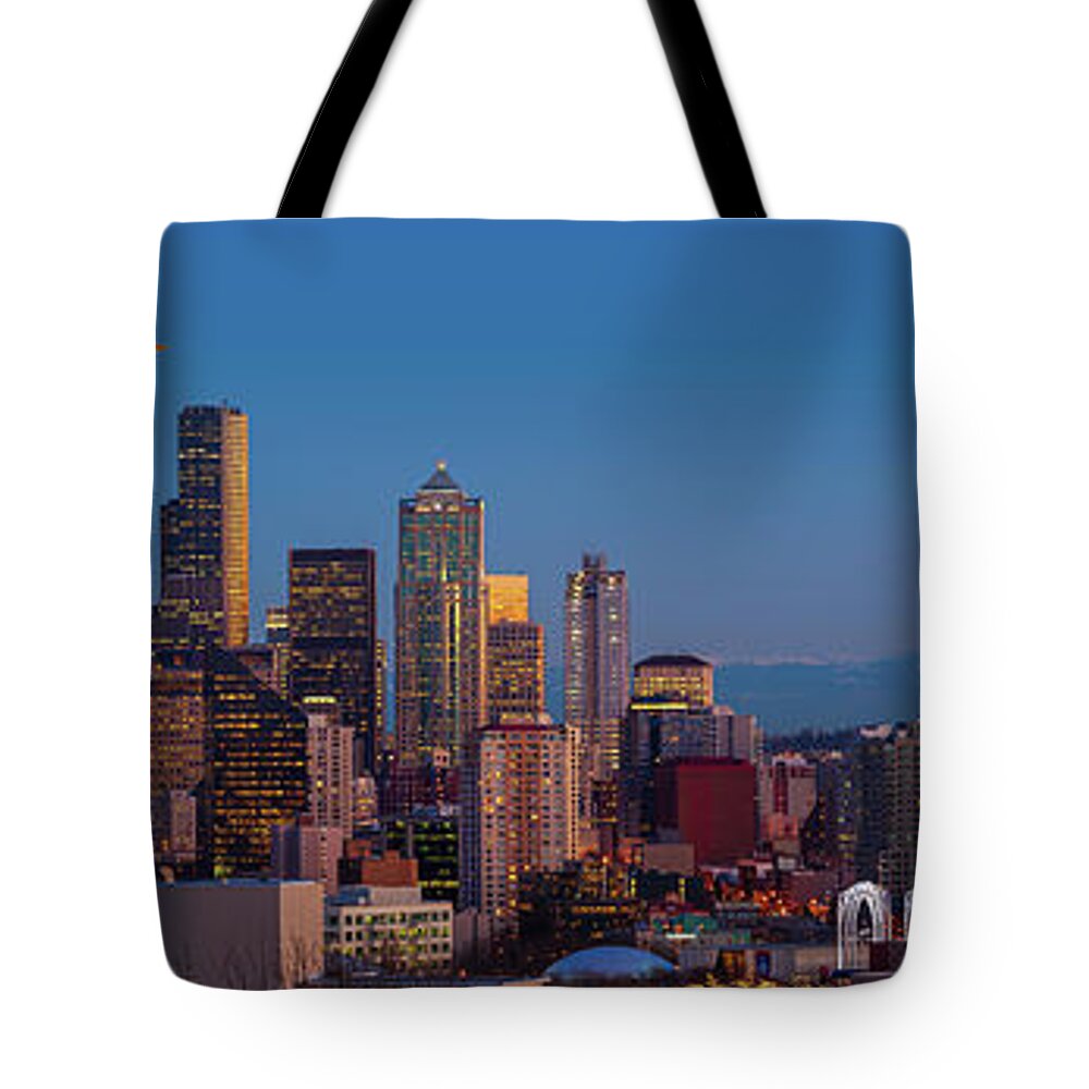 Seattle Tote Bag featuring the photograph Seattle Winter Evening Panorama by Inge Johnsson