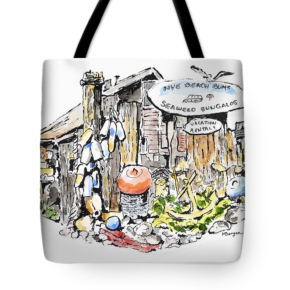 Nye Beach Tote Bag featuring the drawing Seaweed Bungalows by Mike Bergen