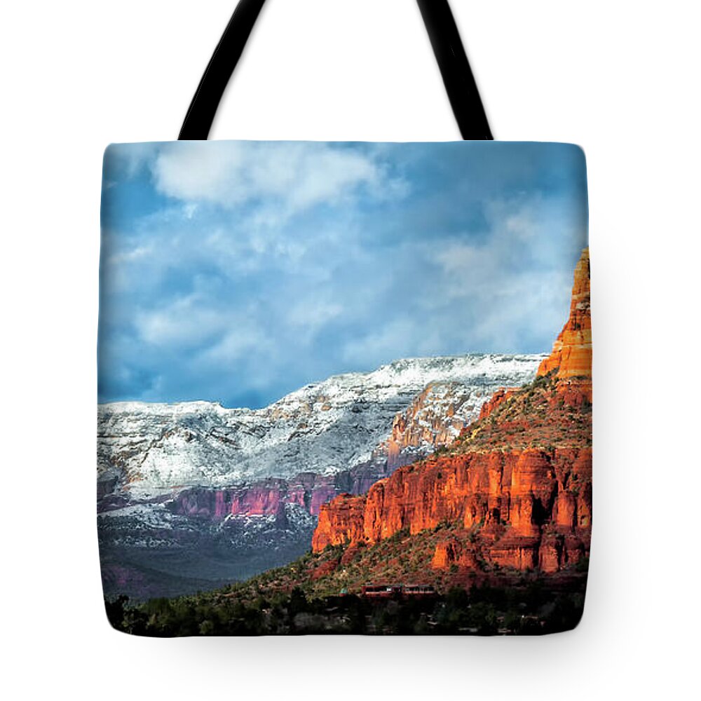 Sedona Tote Bag featuring the photograph Sedona Snow 1703P by Kenneth Johnson