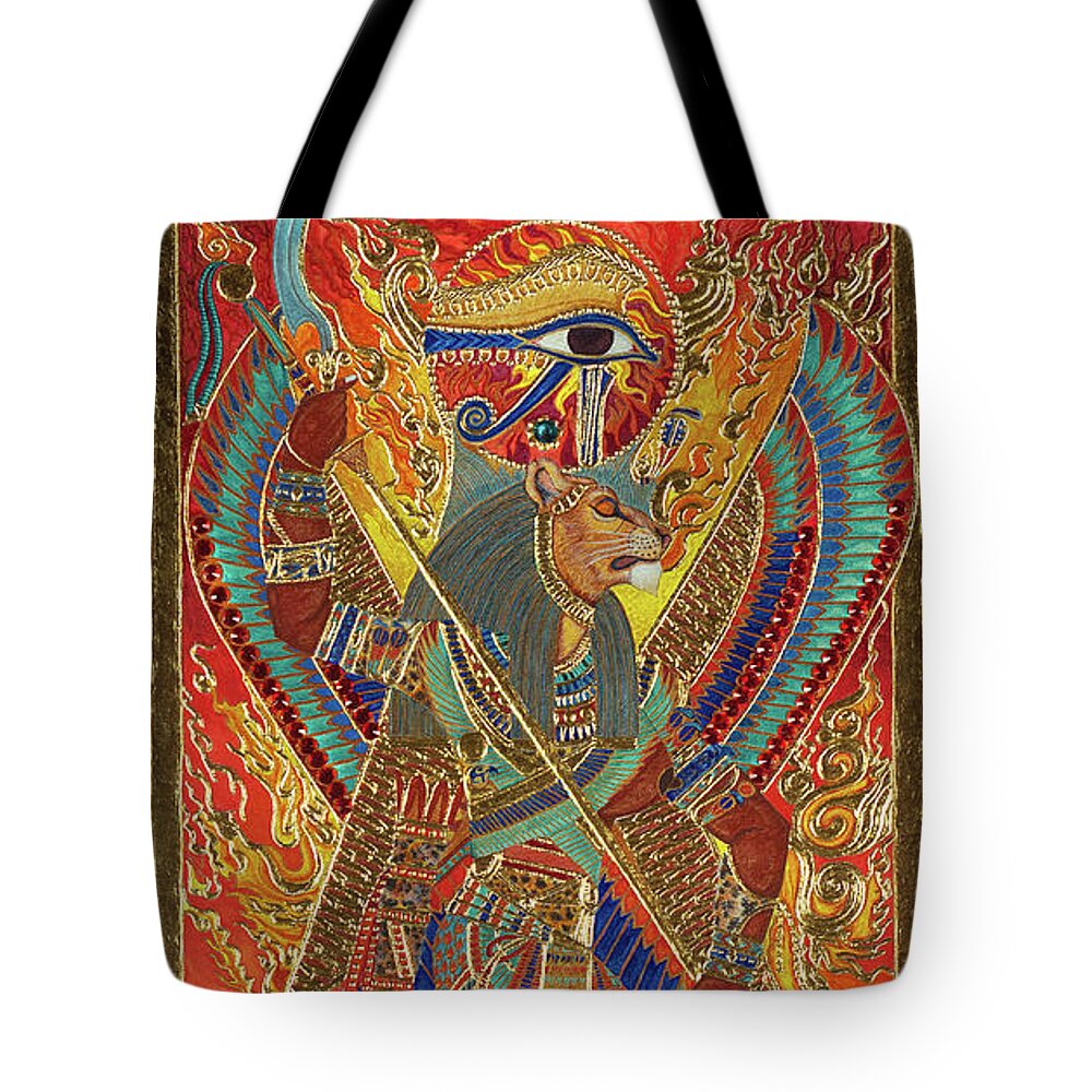 Sekhmet Tote Bag featuring the mixed media Sekhmet the Eye of Ra by Ptahmassu Nofra-Uaa