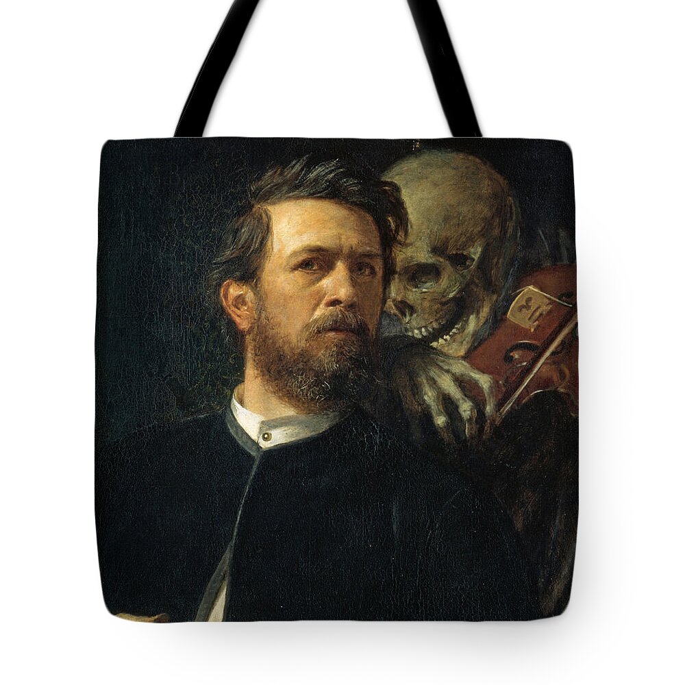 Arnold Boecklin Tote Bag featuring the painting Self Portrait With Death Playing The Fiddle 1872 by Arnold Boecklin
