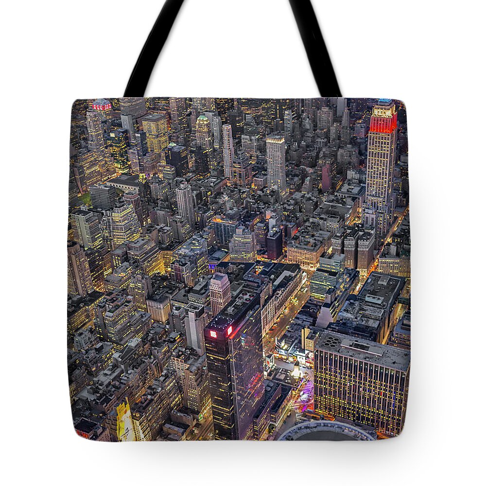 Aerial View Tote Bag featuring the photograph September 11 Aerial NYC Tribute by Susan Candelario