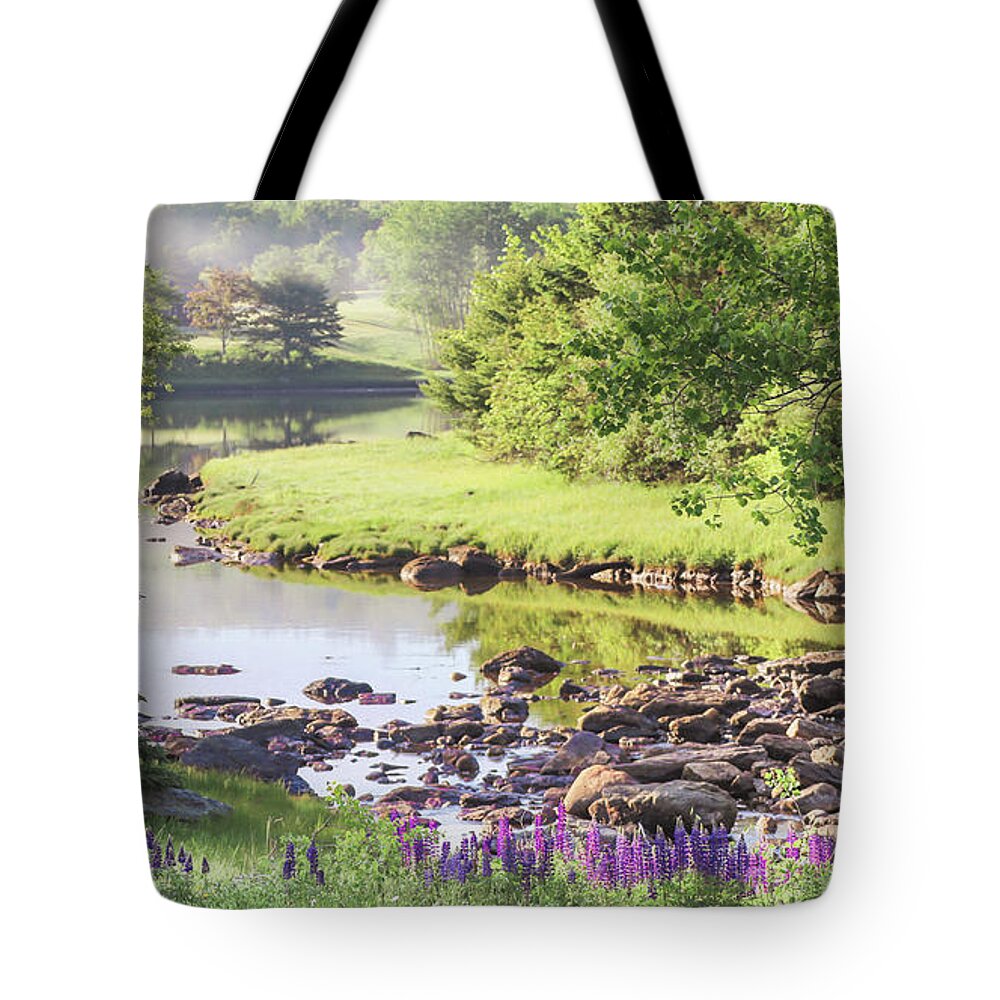 Lupines Tote Bag featuring the photograph Serene Landscape by Katie Dobies