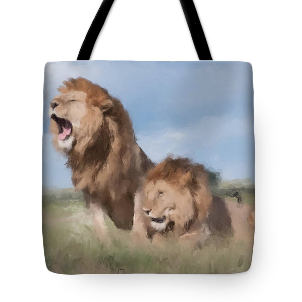 Lions Tote Bag featuring the painting Serengeti Watch by Gary Arnold