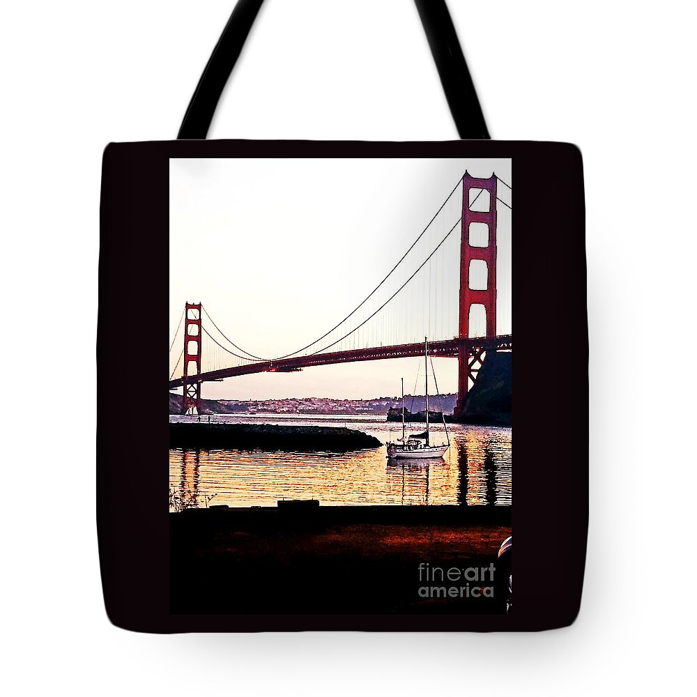 Golden Gate Bridge Tote Bag featuring the painting SF Fog Meets October Sunset by Artist Linda Marie