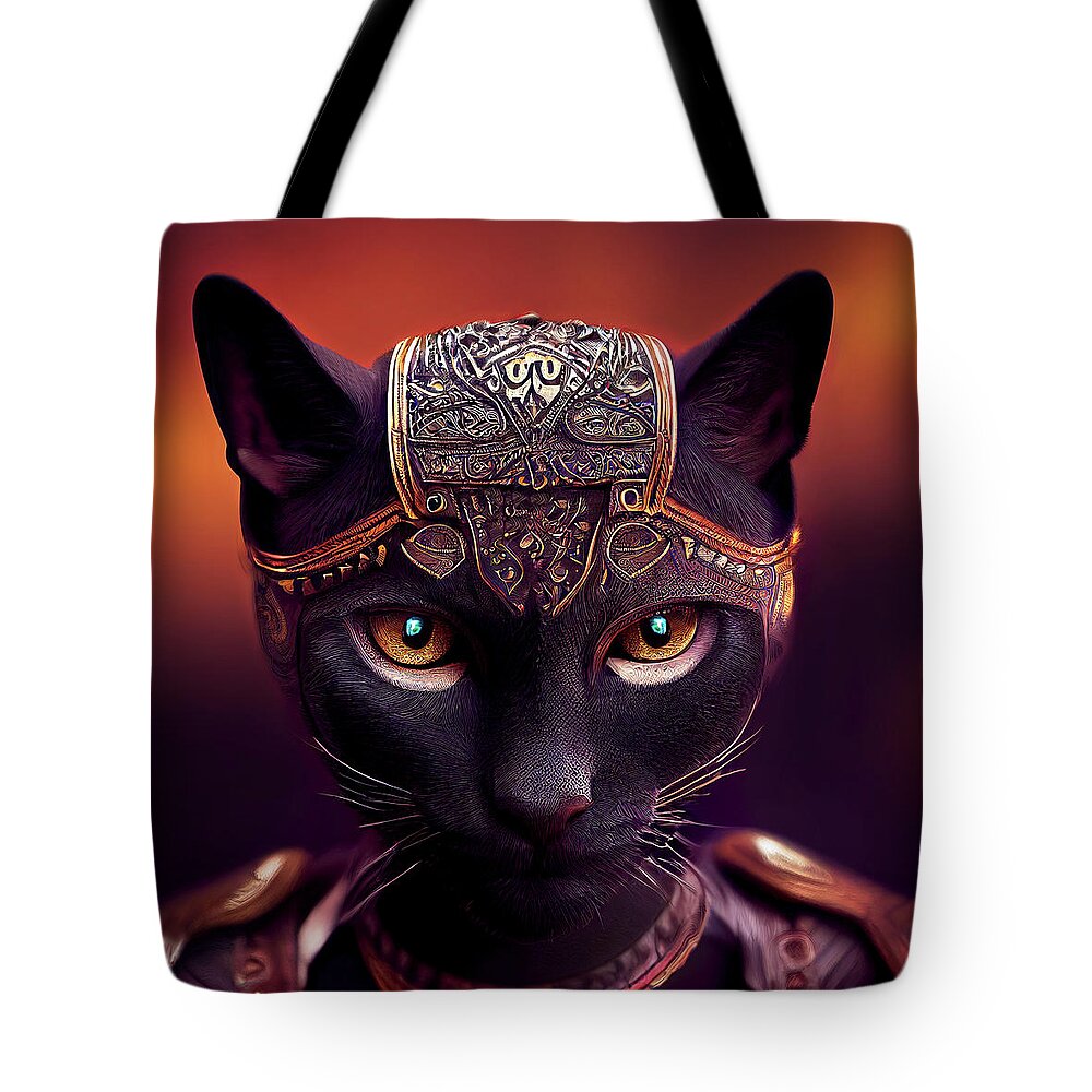 Black Cats Tote Bag featuring the digital art Shadow the Black Cat Warrior by Peggy Collins