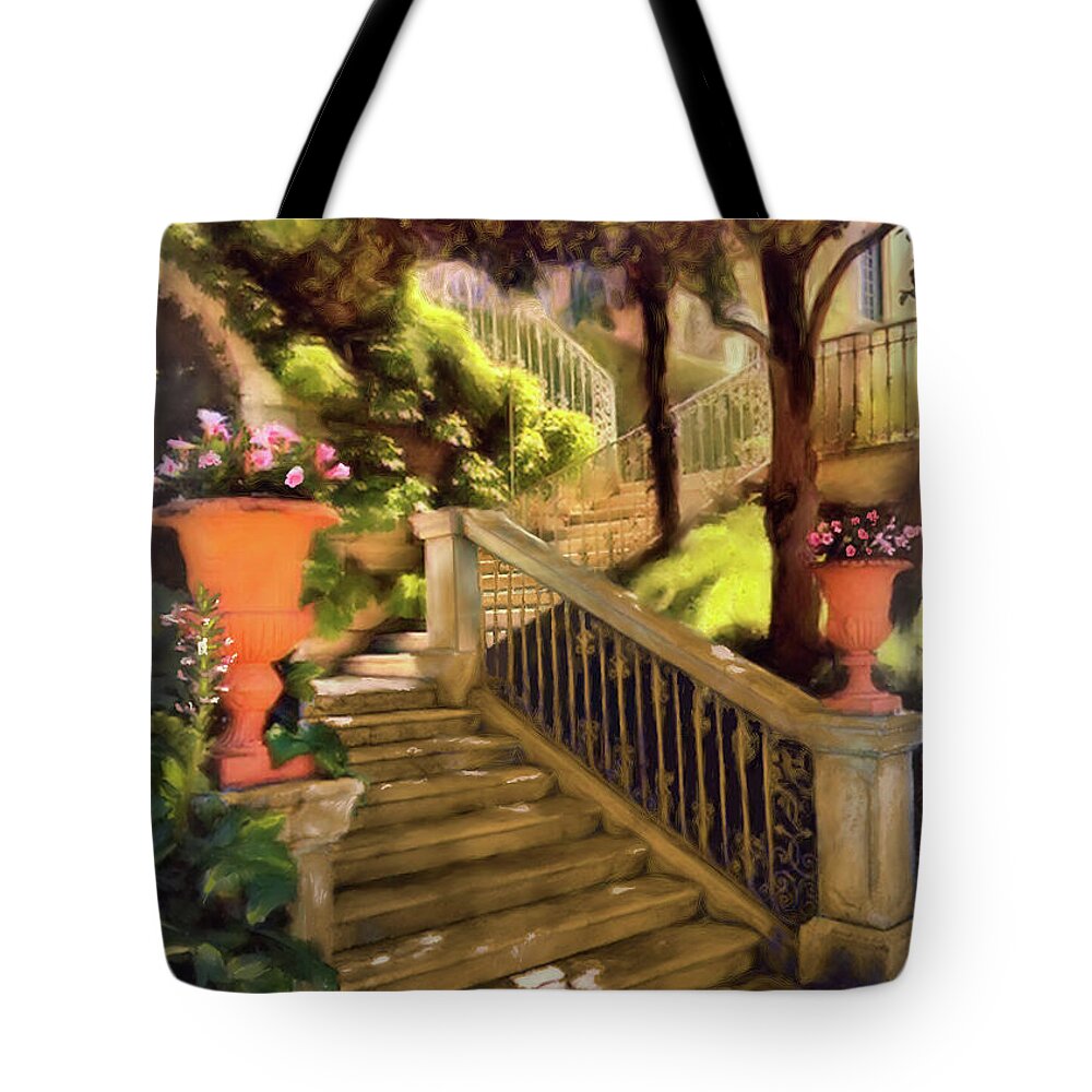 Shady Tote Bag featuring the painting Shady Steps by Joel Smith