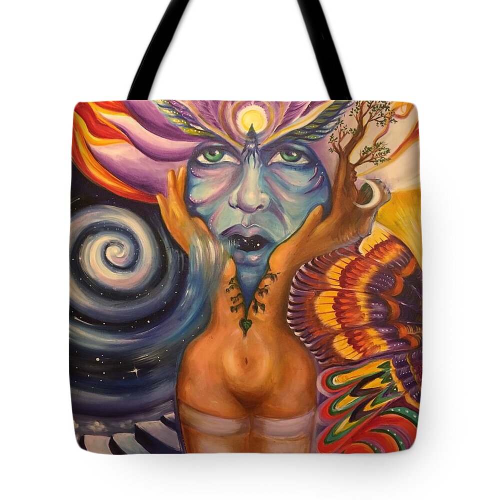 Face Masks Tote Bag featuring the painting Shaman Breathing The Universe by Sofanya White