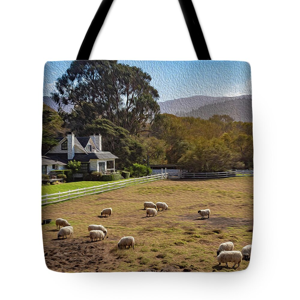 Digital Paintings Tote Bag featuring the photograph Sheep at Mission Ranch by Robert Carter