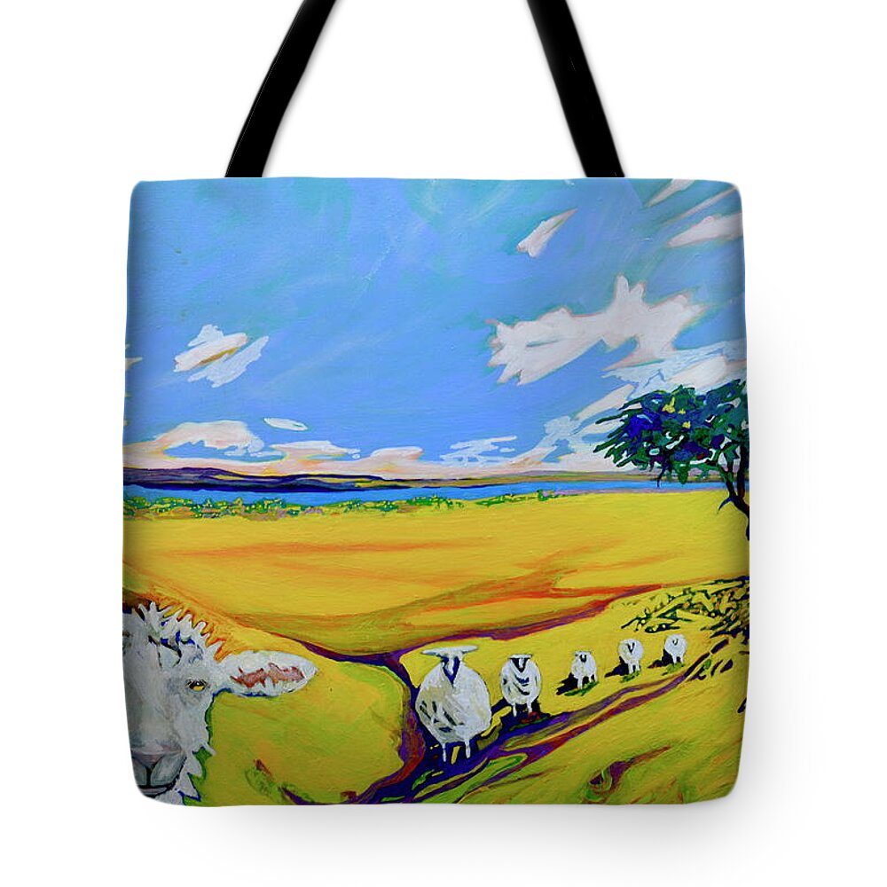 Sheep Tote Bag featuring the painting Sheep Coming Home by Marysue Ryan