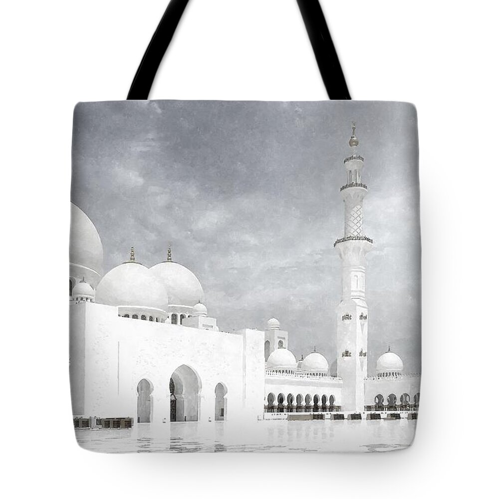 Abu Dhabi Tote Bag featuring the painting Sheikh Zayed Grand Mosque BW - Abu Dhabi UAE by Stefano Senise