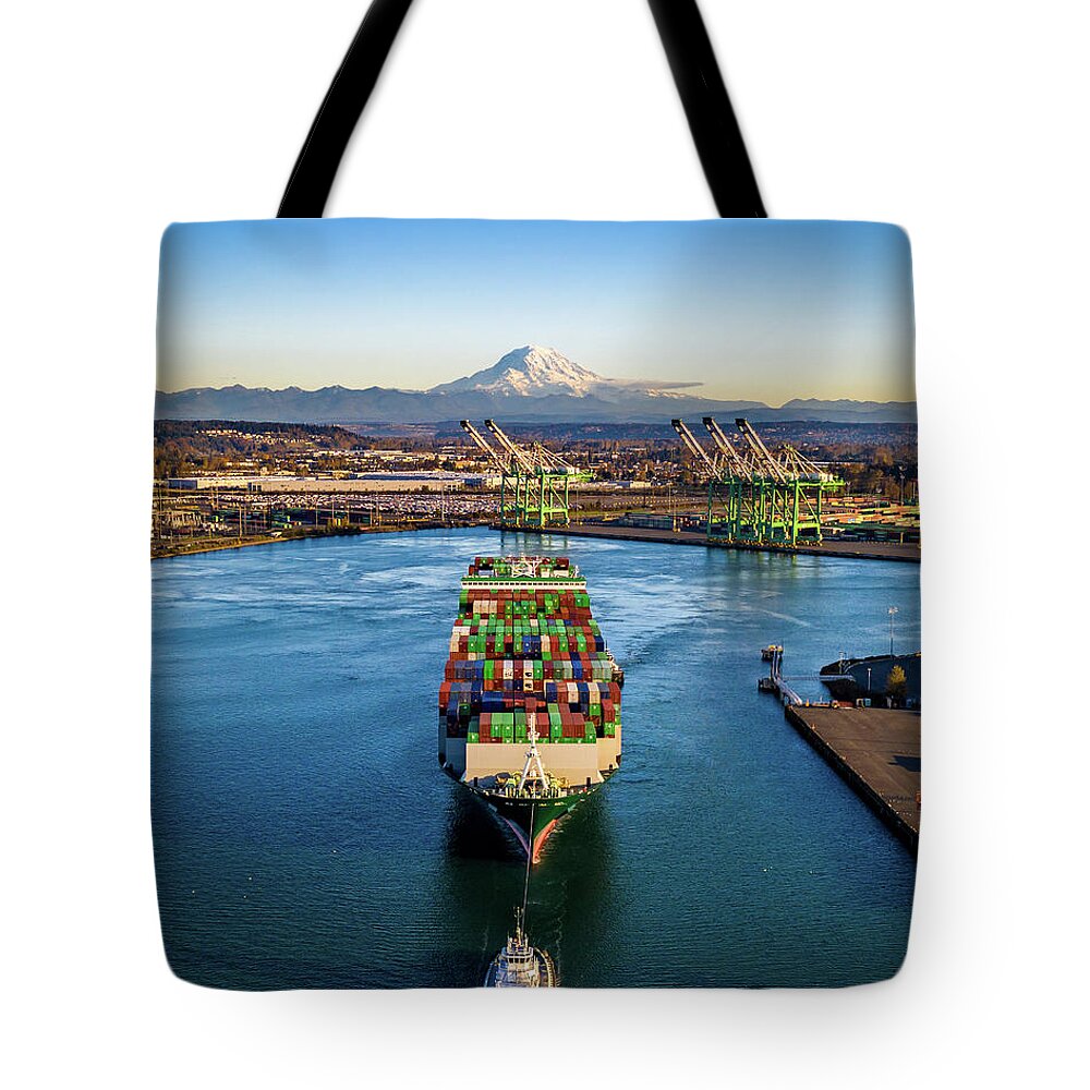 Mt Rainier Tote Bag featuring the photograph Shipping Out by Clinton Ward