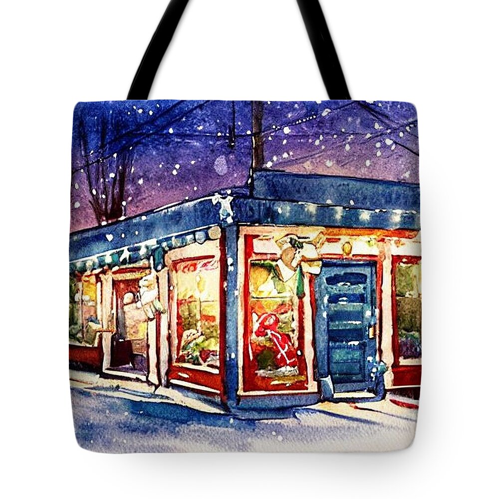 Ridgewood Tote Bag featuring the painting Shops Lit Up for Christmas in Ridgewood, New Jersey by Christopher Lotito