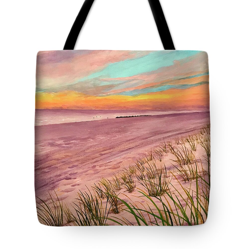 Beach Tote Bag featuring the painting Shore Sunrise by Denise Van Deroef