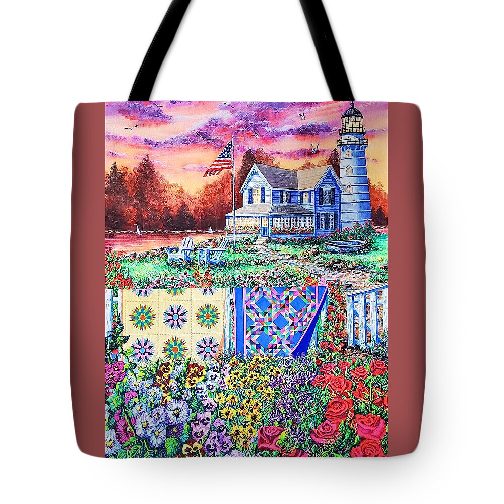 Lighthouse Tote Bag featuring the painting Shoreline Treasures by Diane Phalen