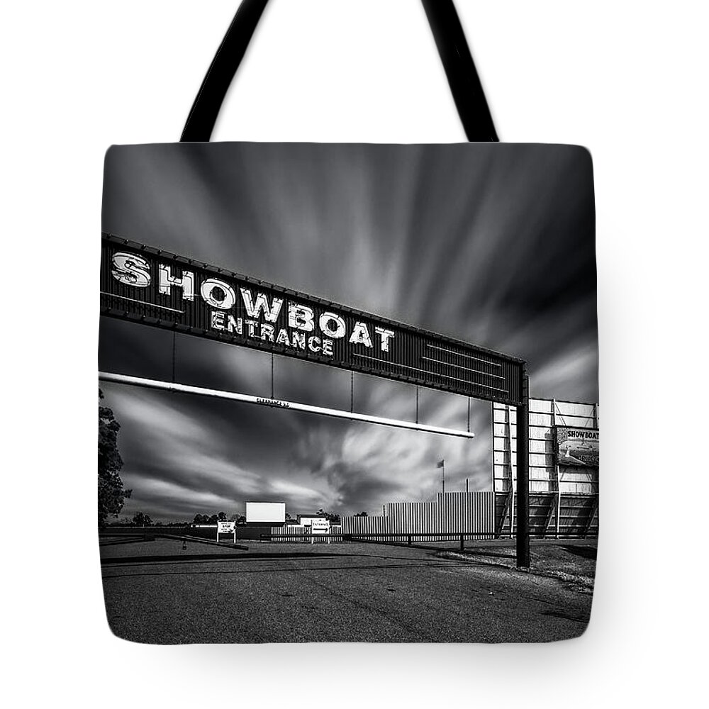 B&w Tote Bag featuring the photograph Showboat Drive-In Theater by Mike Schaffner