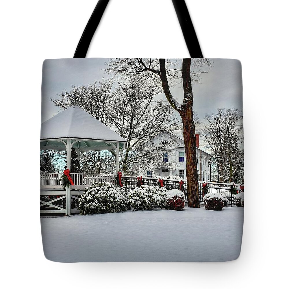 Shrewsbury Tote Bag featuring the photograph Shrewsbury Town Common covered in snow by Monika Salvan