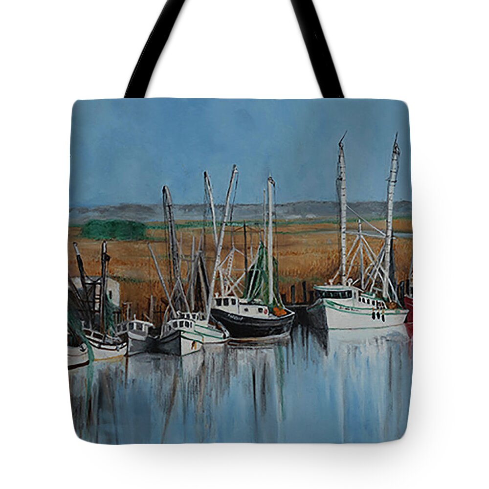 Shrimpboats#florida#darrien Tote Bag featuring the painting Shrimp Boats of Darien,Ga by Kathy Knopp