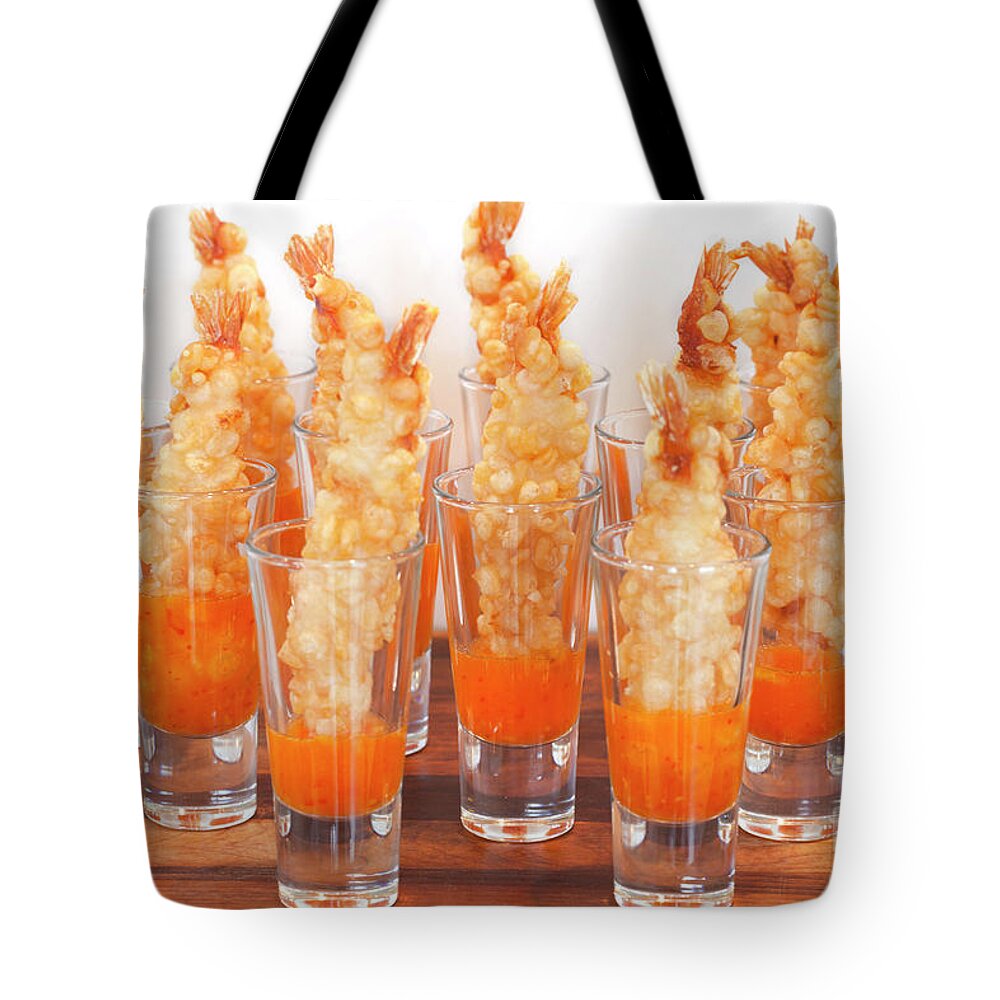 Appetizer Tote Bag featuring the photograph Shrimp Tempura in marmalade sauce by Anthony Totah