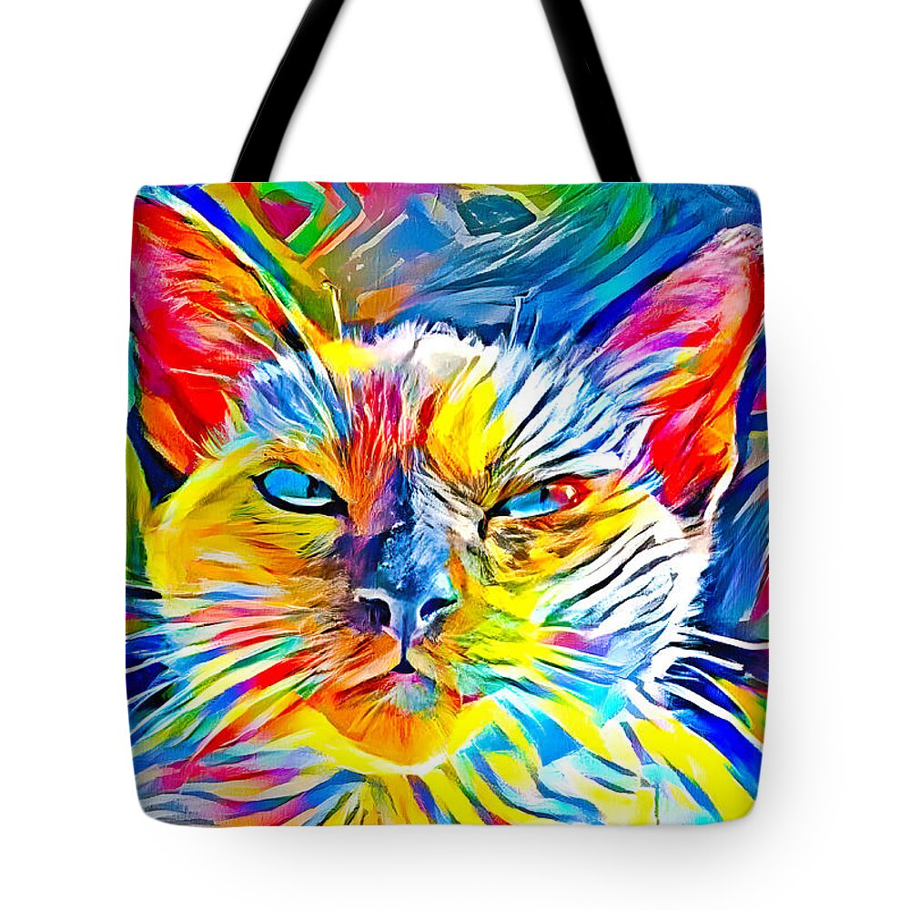 Siamese Cat Tote Bag featuring the digital art Siamese cat face in the sun - colorful zebra pattern painting by Nicko Prints