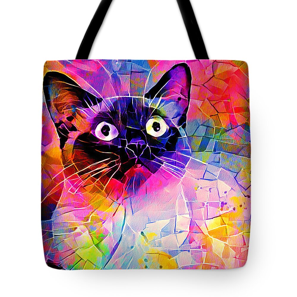 Alerted Cat Tote Bag featuring the digital art Siamese cat with a worried expression - colorful irregular tiles mosaic effect by Nicko Prints