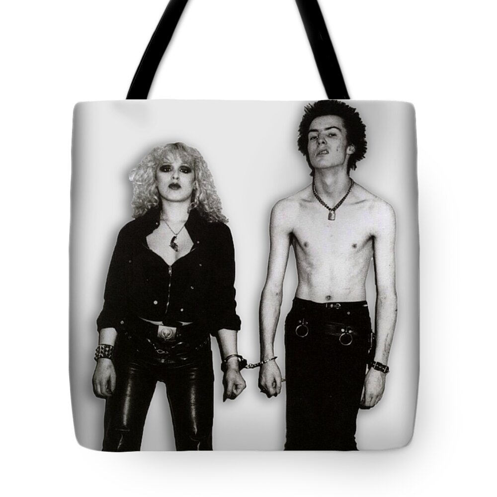 Sid Vicious Tote Bag featuring the painting Sid And Nancy Handcuffs by Tony Rubino