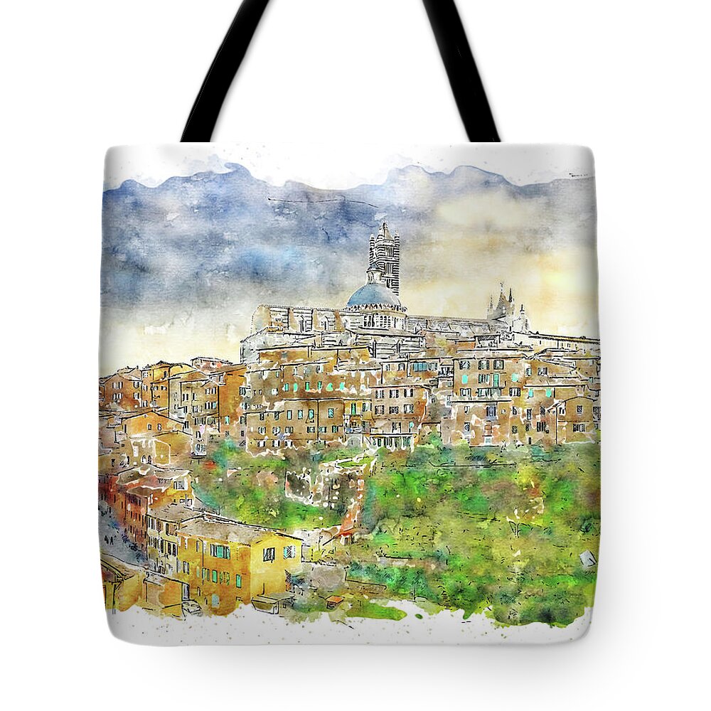 Siena Cityscape Tote Bag featuring the painting Siena, cityscape - 07 by AM FineArtPrints