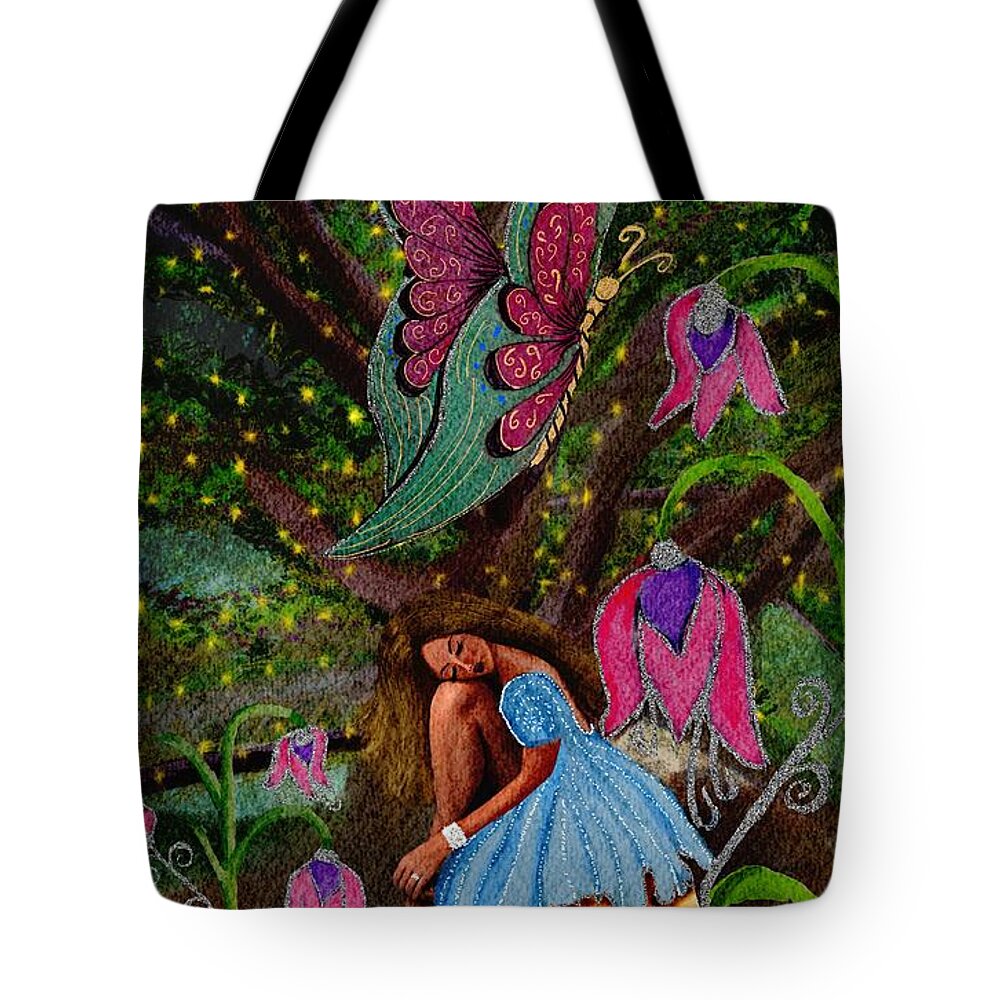 Cute Fashion Whimsy Watercolor Children's Book Quirky Birthday Girl Fairy Childlike Abstract Figure Colorful Illustration Portrait Female Unique Tote Bag featuring the mixed media Silently Serene by Lorie Fossa