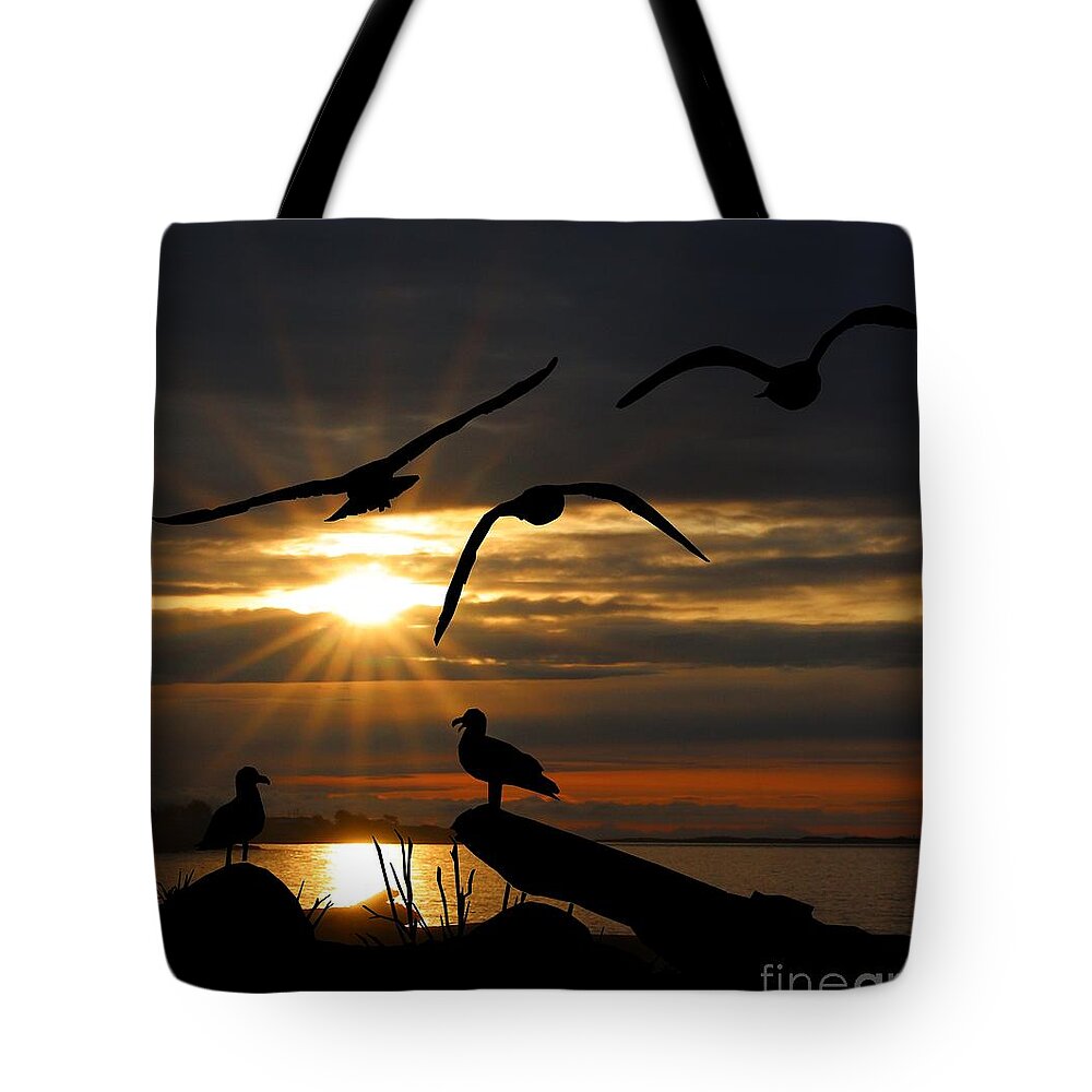 Seagulls Tote Bag featuring the mixed media Silhouetted Seagulls by Kimberly Furey