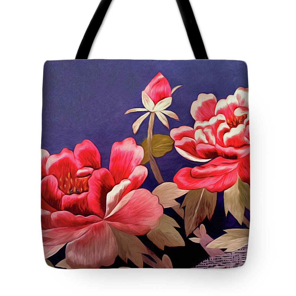 Silk Peonies Tote Bag featuring the tapestry - textile Silk Peonies - Kimono Series by Susan Maxwell Schmidt